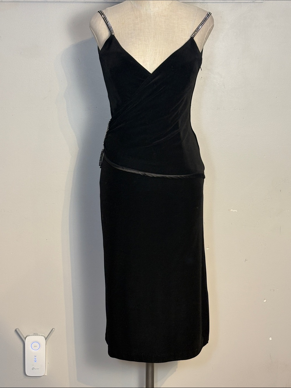 Black Velvet Slip Dress with Rhinestone Straps and waist accent